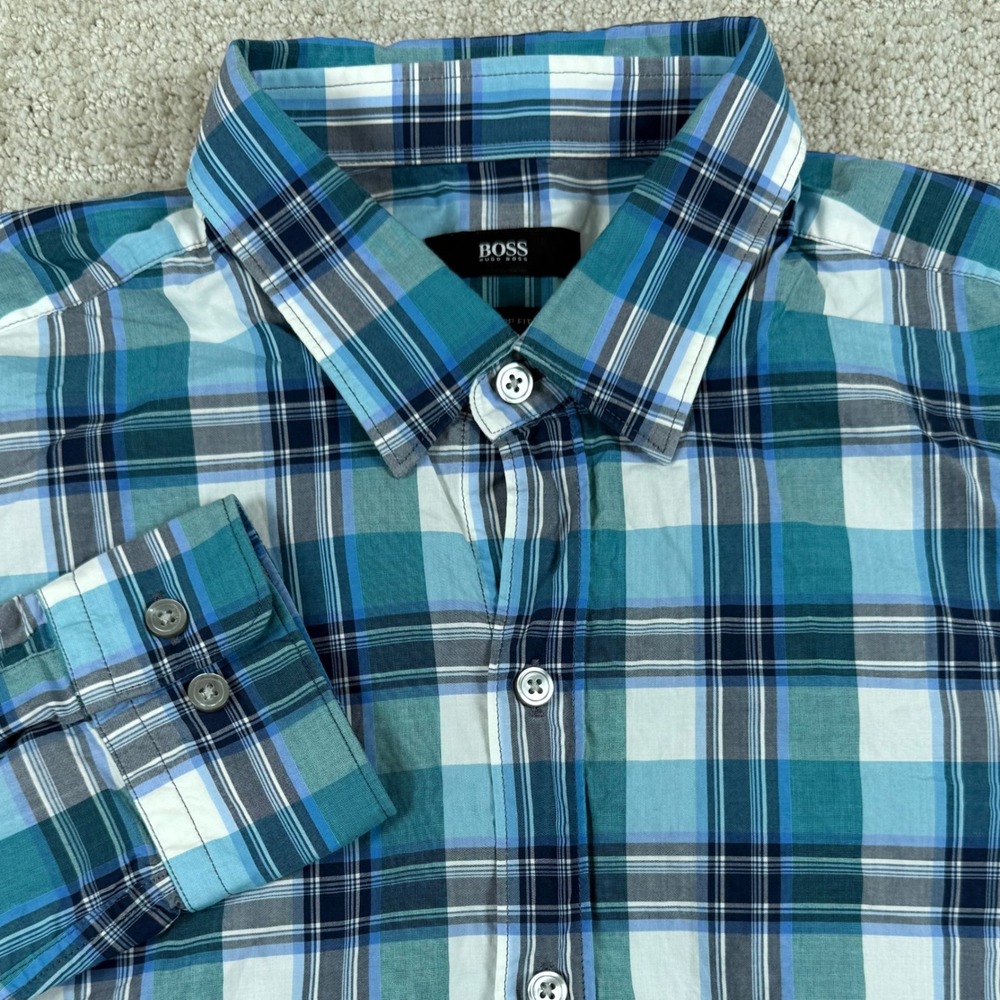 Hugo Boss Mens Large Blue Plaid Sharp Fit Long Sleeve Button Up Shirt